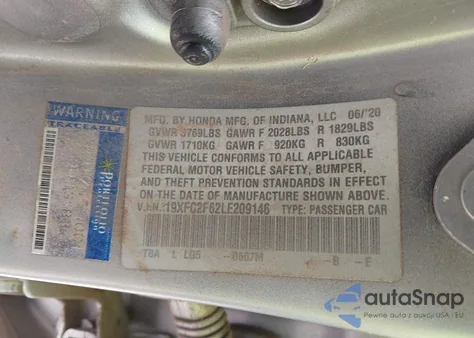 2020 Honda Civic Lx from USA, damaged, VIN 19XFC2F62LE209146